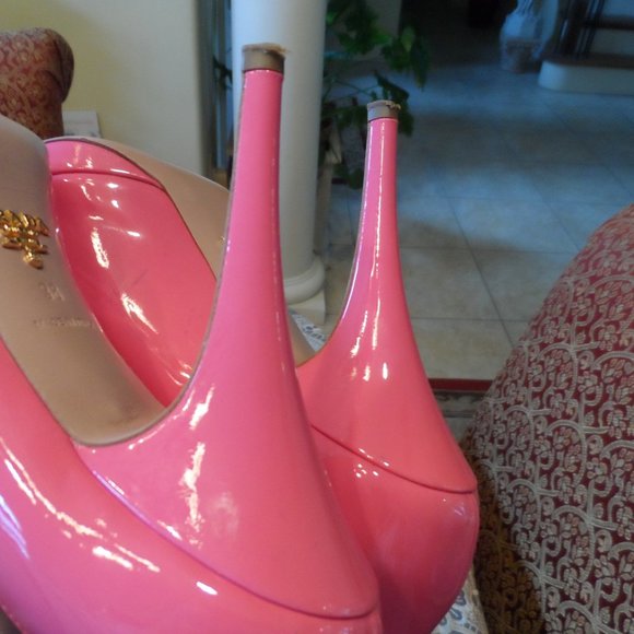Prada Rose Pink Patent Leather Peep Toe Platform Heels Size 38B - Picture 14 of 16